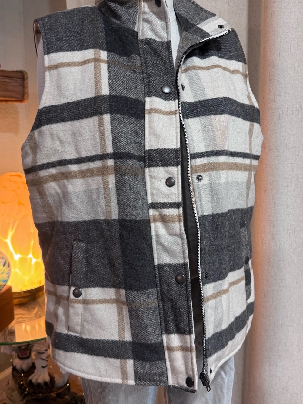 Thread & Supply Gray and Cream Plaid Puffer Vest